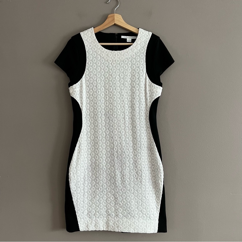 Diane Von Furstenberg Eyelet Pele Dress Short Sleeve Career White Black Sz 12